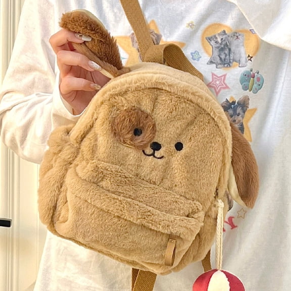 Cartoon Plush Puppy Backpack,Brown Pendant With Ball