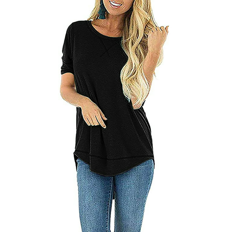 SHIBEVER Summer Short Sleeve T-Shirts for Women Fashion Loose Casual Crew  Neck Black T Shirt Tunic Tops for Women Size L