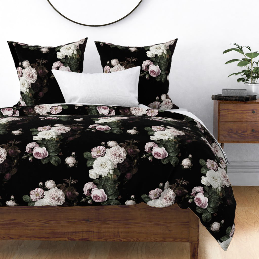 Pink Roses Dark Floral Flowers On Black 100% Cotton Sateen Sheet Set by Roostery 