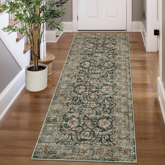 YUSAZENS 2x6 Vintage Washable Runner Rug Non-Slip Low Pile Stain Resistant Contemporary Indoor Soft Carpet for Hallway Kitchen Black