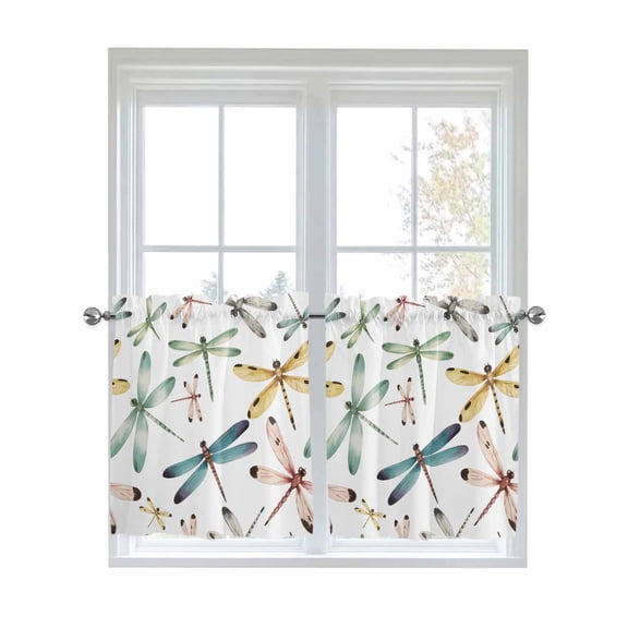 Half Window Curtain 36 Inches Long, Dragonfly Window Treatment Curtain Drapes, Watercolor Colorful Nature Painting Art Small Tier Curtains for Bathroom Over Sink, 27.5"x36", 2 Panels