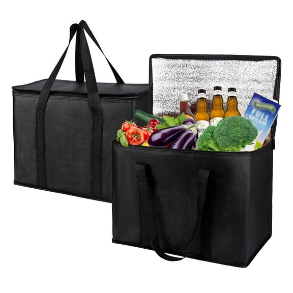 GoXteam 2Pack Large Insulated Reusable Grocery Bags with Sturdy Zipper and Handles, Foldable Washable Heavy Duty Cooler Totes for Hot or Cold Food Delivery, Groceries, Travel, Shopping