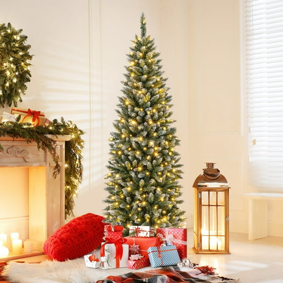 Gymax 6 FT Pre-Lit Artificial Christmas Tree Hinged Slim Pencil Xmas Tree w/ 618 Snowy Branch Tips