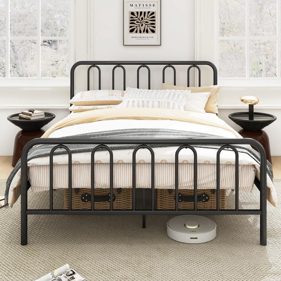 Queen Size Heavy-Duty Metal Platform Bed Frame, 14 Inch with Headboard & Footboard, Metal Slat Mattress Foundation, Underbed Storage Space, No Box Spring Required, Black