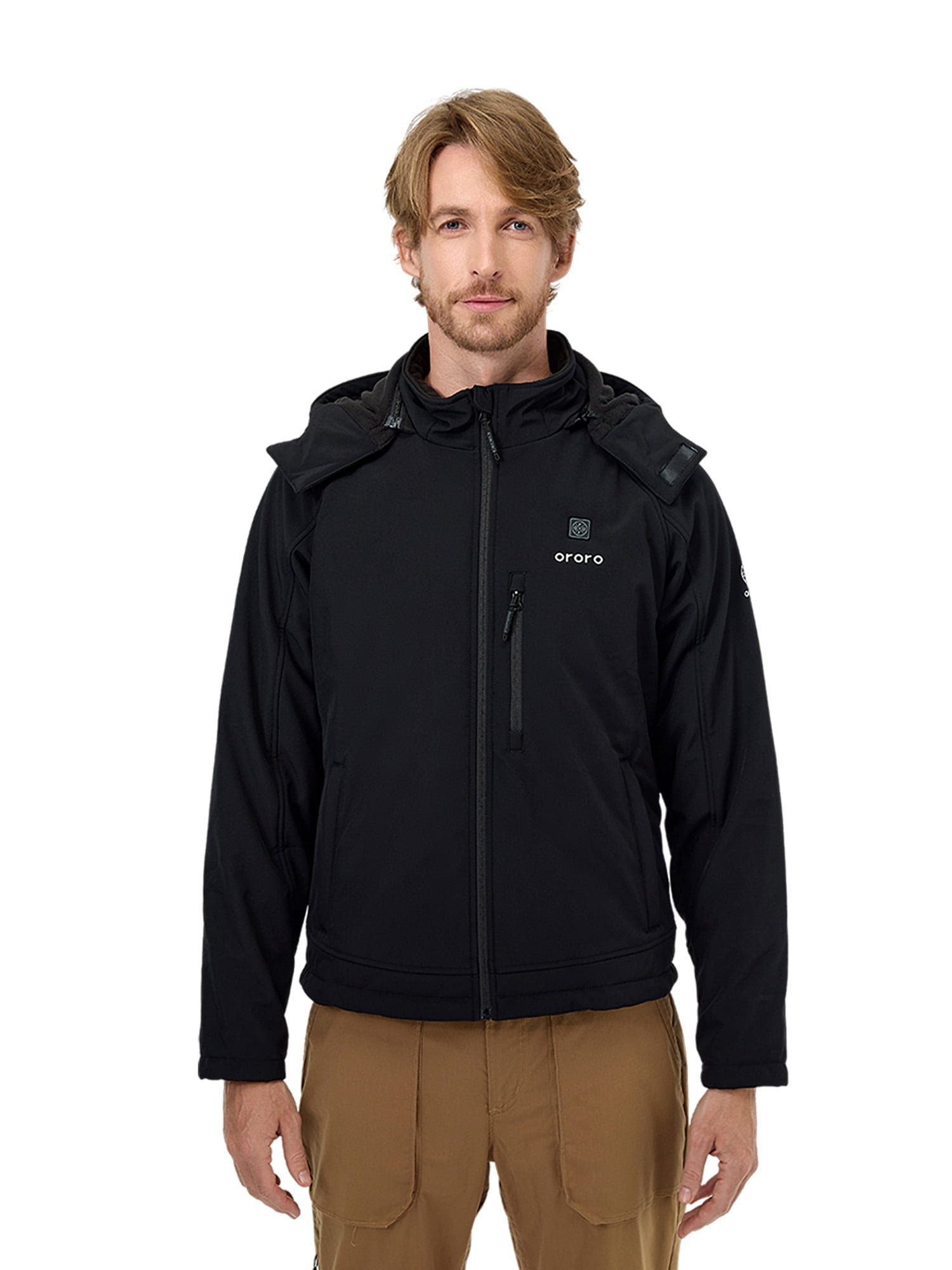 ORORO Men's Heated Jacket with Battery and Detachable Hood, Battery Powered Heating Jacket for Hiking Skiing Camping (Neutral Black, XL)