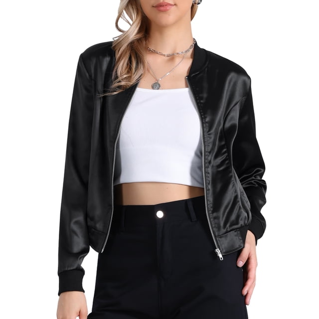Chaqueta bomber para mujer Inspire Chic, corte slim, ligera, con cremallera, talla XL, color negro