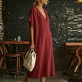 thumbnail image 4 of LNWUY Women's V Neck Linen Maxi Dress with Lace Trim Short Sleeve Solid Color Loose Pocket Long Dress Summer Casual Beach Dress Red XXL, 4 of 6