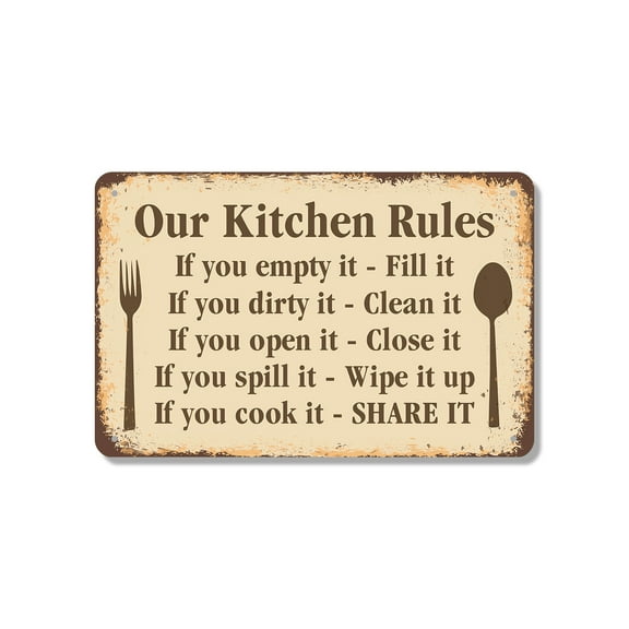 Our Kitchen Rules 18 Inch x 24 Inch Metal Sign Novelty Aluminum Durable Weatherproof UV Protected Perfect for Kitchens Homes Fun Gift for Cooks Crafted in the USA