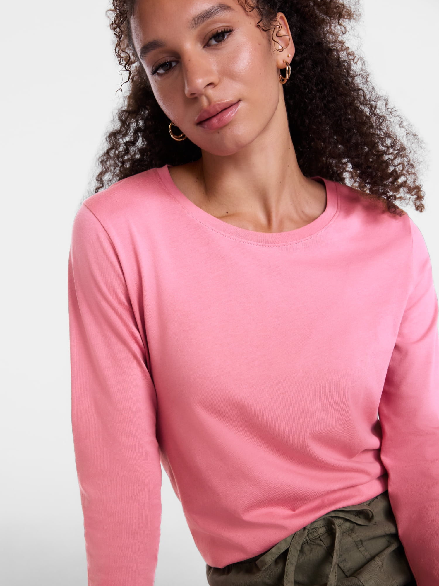 Scenario Women's Cotton Crewneck Tee with Long Sleeves, Sizes XS-XXXL