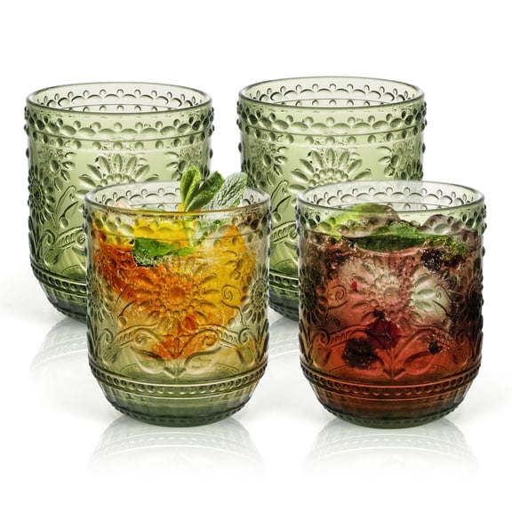 4Pack Vintage Drinking Glasses, 12 oz Kitchen Water Glasses Cup，Heavy Duty Glassware with Floral Embossed Design , Bar Tumbler Glassware Set for Beer, Juice, Cocktail, Whiskey, Milk  ,Green