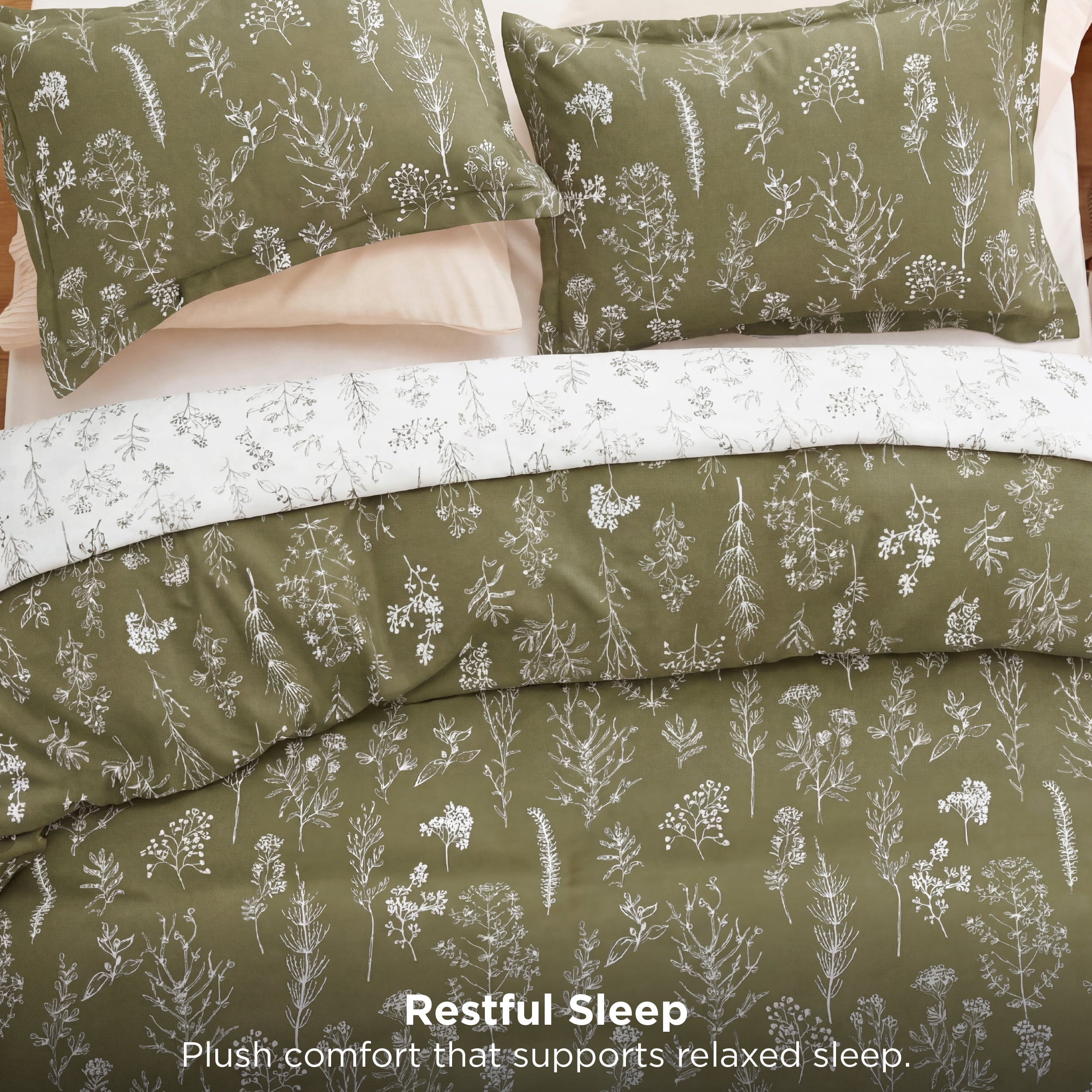 U by Bedsure 3 Pieces Olive Green Floral Comforter Sets, 1 Soft Reversible Botanical Flowers Comforter and 2 Pillow Shams, Queen Size