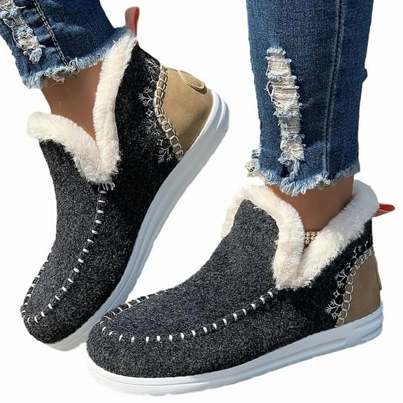 SACFOF Womens Winter Flat Fluffy Snow Boots,Warm Faux Fur Lining Anti-Slip Slip on Loafer Casual Outdoor Plush Short Booties