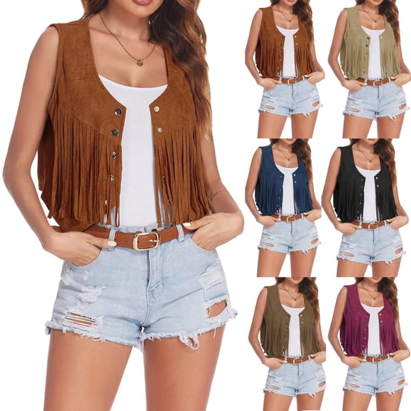 Shadoumai Womens Vest Western Cowgirl Suede Tassel Cropped Sleeveless Jackets Cute Hippie Fringe Outerwear Open Front Tops