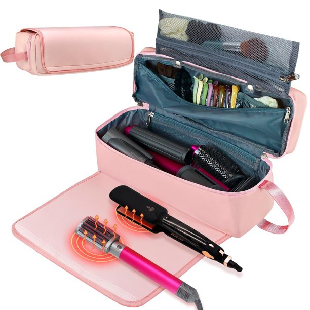 Bolsa de viaje para herramientas para el cabello con almohadilla resistente al calor, Estuche de transporte de viaje de doble capa para alisador, rizador y secador de pelo