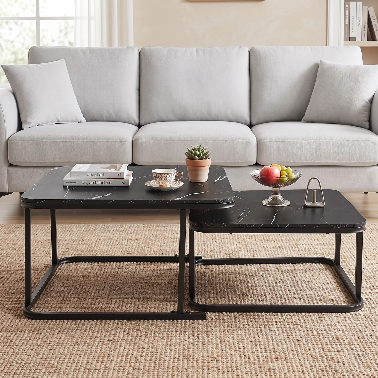 Furnibear Nesting Coffee Table Set of 2, Faux Marble Top Cocktail Tables with Powder-Coated Metal Frame, Stackable Space-Saving Round-Corner Side End Tables for, Black