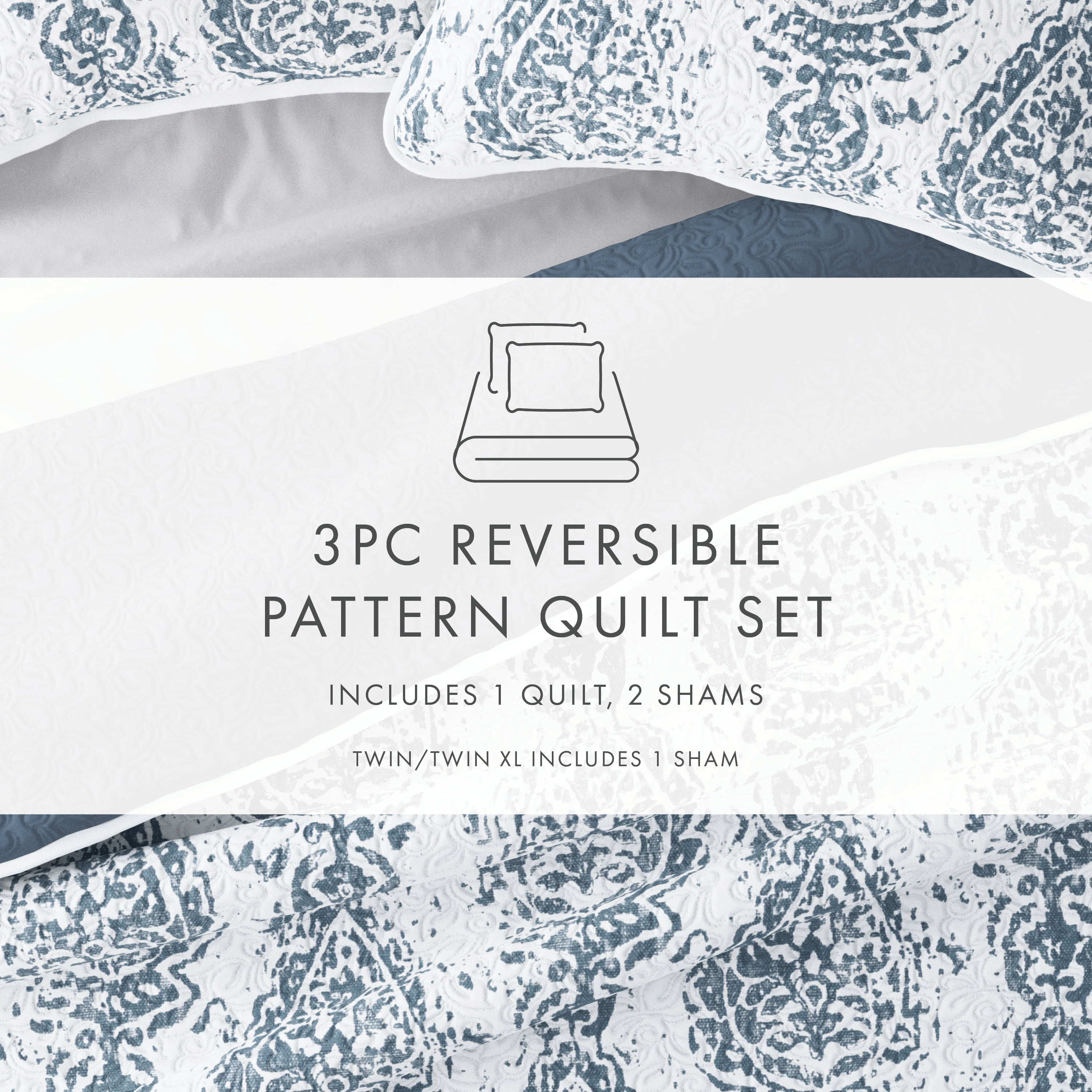 Noble Linens Dusk Blue 3 Piece Distressed Damask Reversible Print Quilt Set, Queen / Full