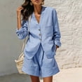 thumbnail image 5 of LEKWK Linen Sets for Women 2 Piece Long Sleeve V Neck Button Down Tops and High Waisted Shorts with Pockets Summer Solid Casual Travel Vacation Sets, 5 of 7
