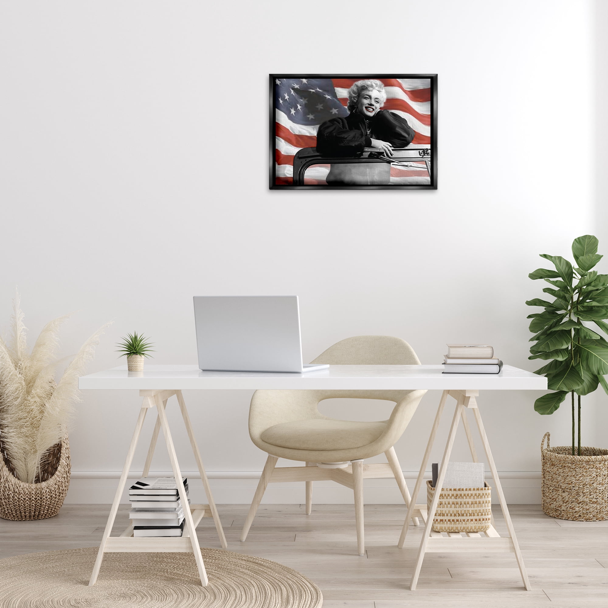 Stupell Industries Marilyn & Waving Flag People Painting Black Floater Framed Canvas Art Print Wall Art, 25 x 17