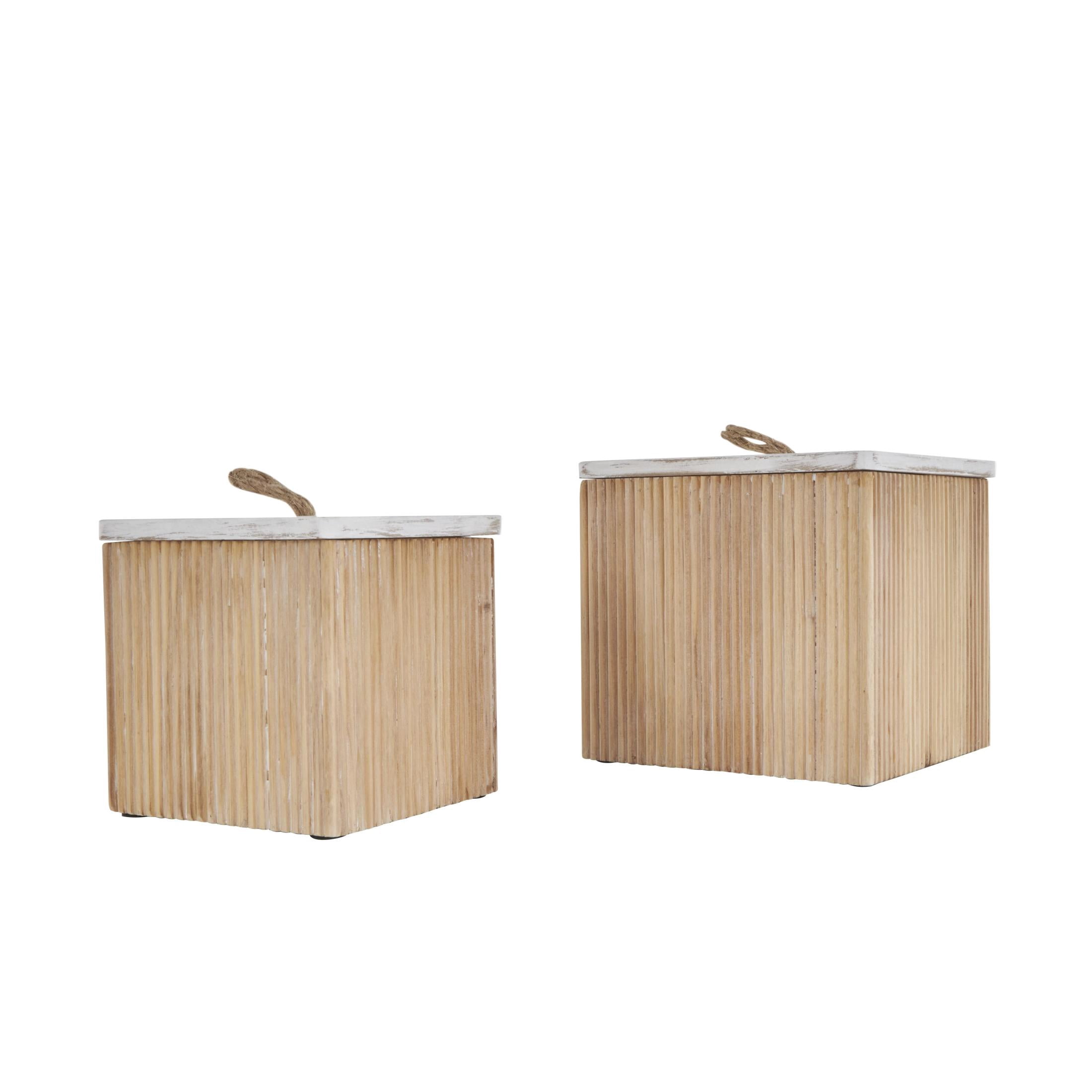 DecMode Washed Ribbed Storage Brown Wooden Decorative Box with White Lids and Rope Handles, 2 Count