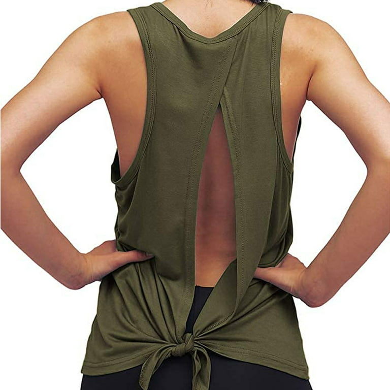 Hfyihgf Womens Cross Backless Workout Tops Tie Back Sleeveless Racerback  Tank Tops Open Back Quick Dry Gym Muscle Tanks Yoga Shirts(Army Green,XXL)
