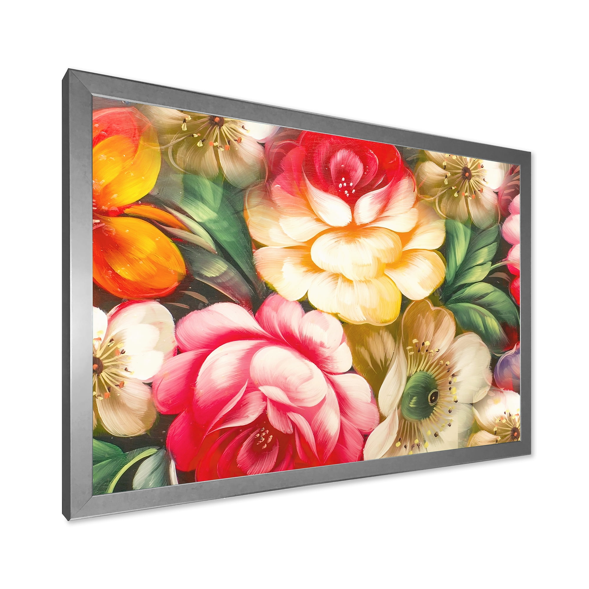 Designart 'Red and Yellow VIntage Flowers' Traditional Framed Art Print