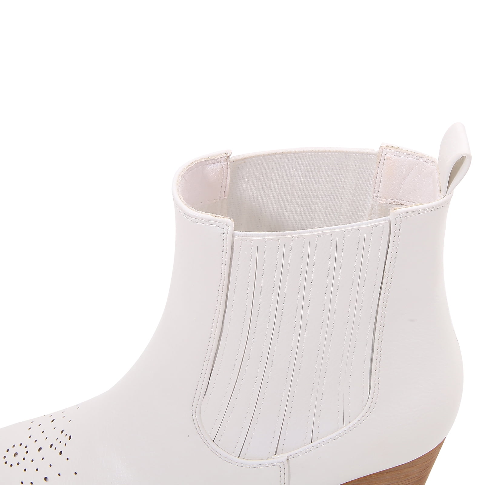 Women PU Leather Perforated Front Stacked Heel Ankle Boots with Elastic Side Gussets (White / 8)