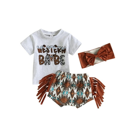 

Infant Western Baby Girl Boy Clothes Cow Print Tassels Summer Outfit Short Sleeve Romper T Shrit Top+Bloomers Shorts Set