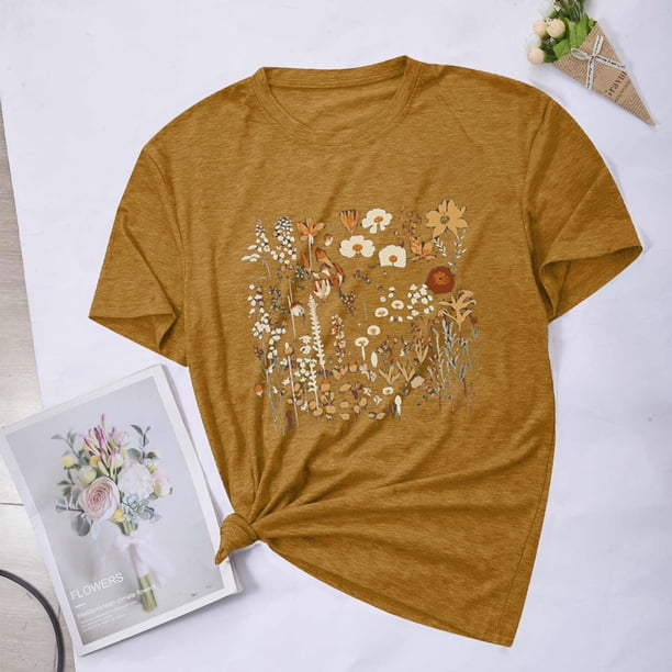 Fiudx Ofertas Flash Del Día Solo En Línea Blusas con Estampado de Flores para Mujer Top de Manga Corta con Cuello Redondo