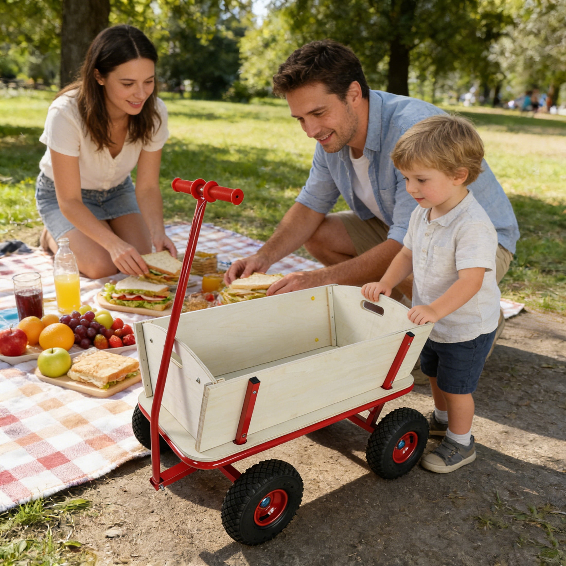 GDF Studio Children's Outdoor Wooden Carriage, Heavy Duty Metal Frame Stroller with Rubber Tires, Red & White