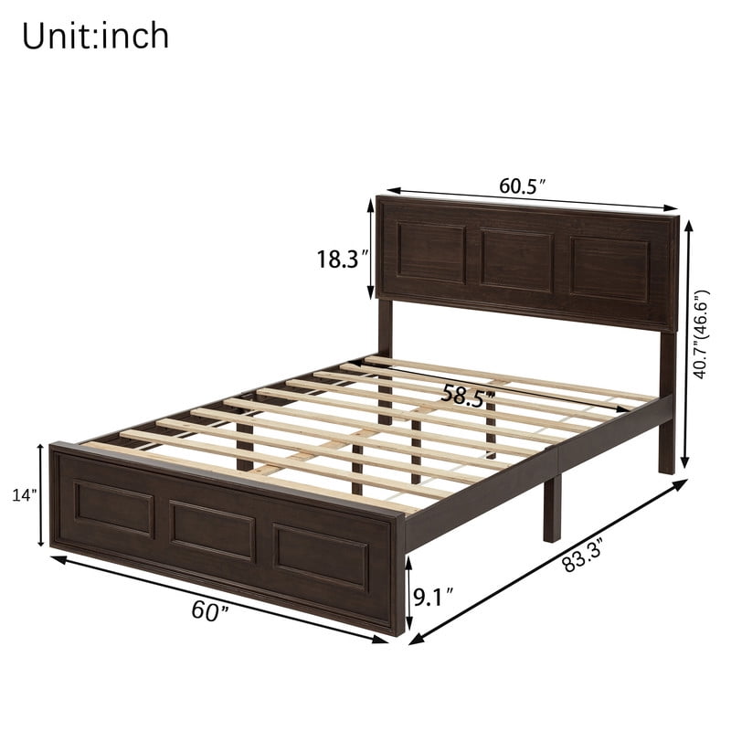 Vintage Queen Size Platform Bed with Adjustable Height Headboard, Wooden Low-Profile Bed Frame with Under-Bed Storage