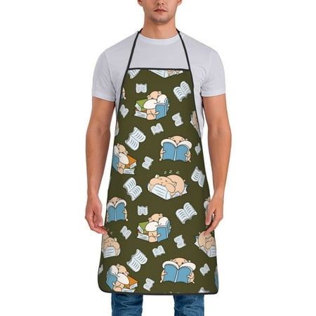 

Adjustable Bib Apron - Cartoon Cute Hamster Reading Waterdrop Resistant Cooking Apron Kitchen Aprons for Men Women