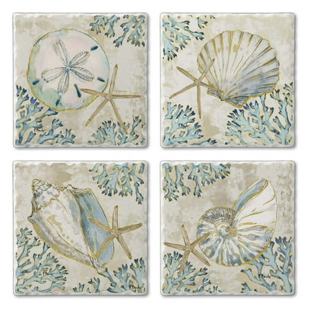 

CounterArt Playa Shells 4-Pack Absorbent Stone Tumbled Tile Coasters 4 Square
