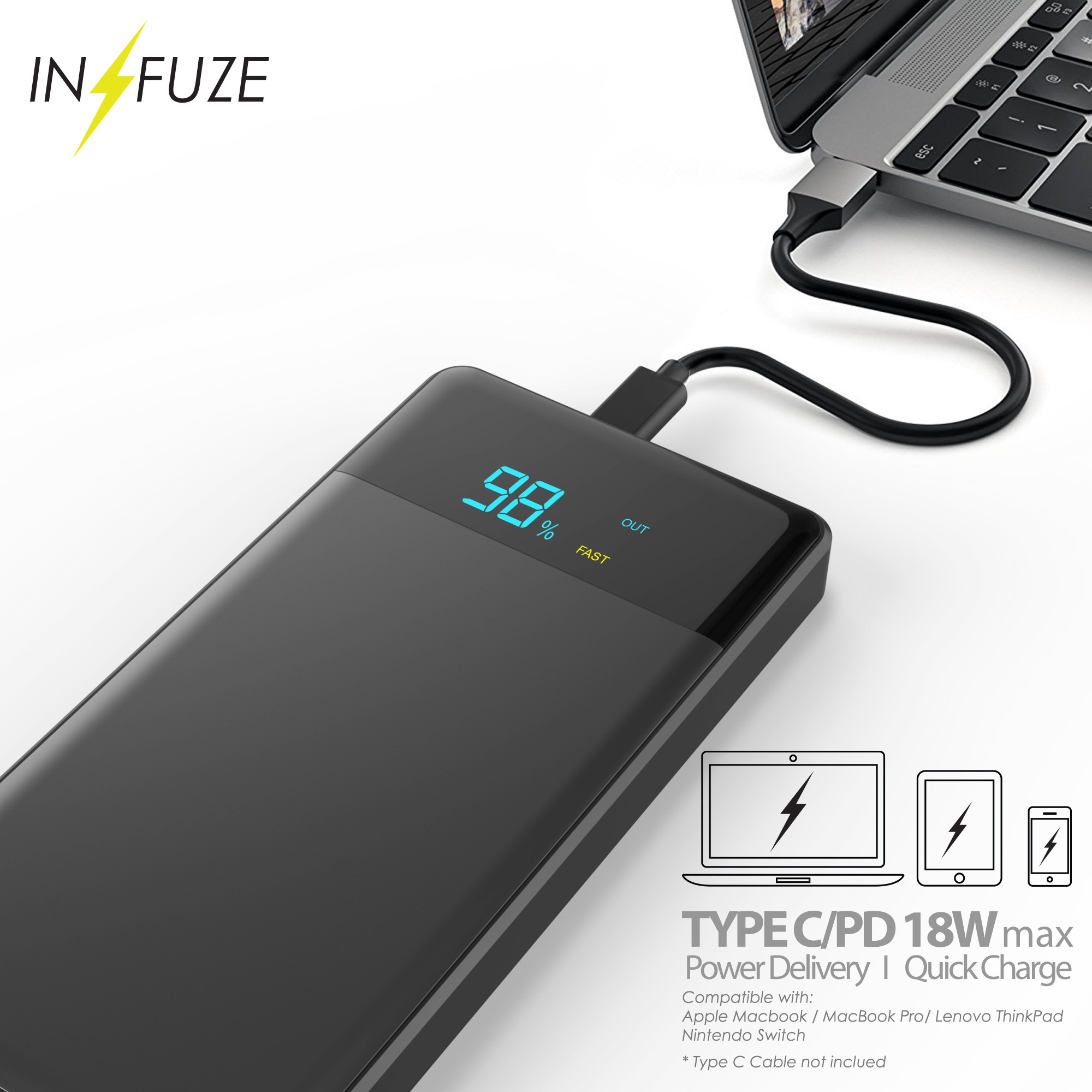 Power Bank [12000 mAH PD-18W Power Delivery Charger],Portable Charger Support Samsung, LG, iPhone & USB Type-C Laptops MacBook, Ninento Switch Matte Black -LED INDICATOR