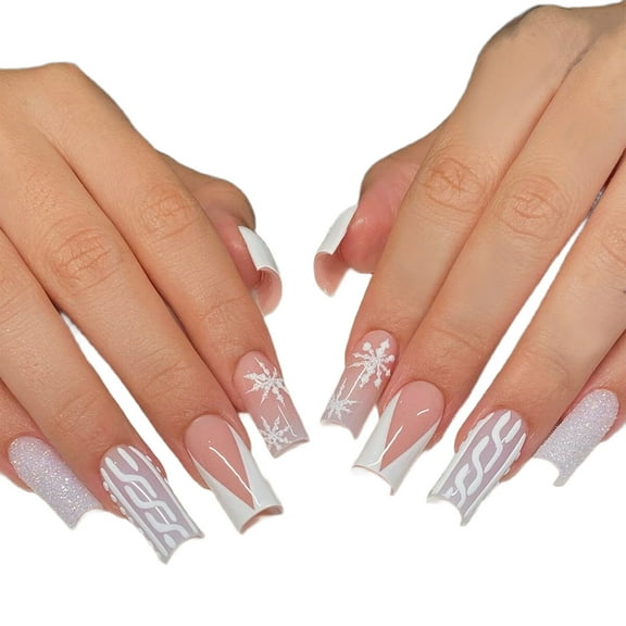 Press on Nail Long Square Artificial Nail Christmas Snowflake Designs Stick on Nail Glossy Acrylic False Nail for Women