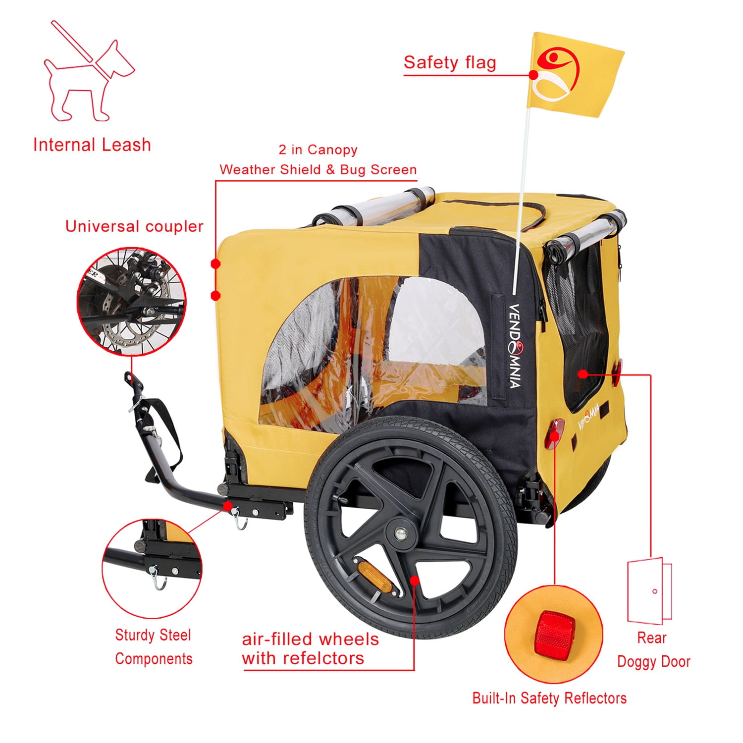 Pefilos 16" Dog Bike Trailer, Pet Stroller Bicycle Carrier w/Hitch, Suspension, Visibility Flag, Air Wheel Pet Bike Trailer for Dogs 66lb Weight Capacity, Yellow Pefilos 16" Dog Bike Trailer, Pet Stroller Bicycle Carrier w/Hitch, Suspension, Visibility Flag, Air Wheel Pet Bike Trailer for Dogs 66lb Weight Capacity, Yellow
