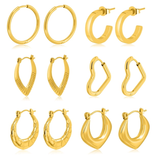 Juego de Regalo de 6 Pares de Pendientes JeenMata en Baño de Oro Amarillo Ligeros Tipo Aro Huggies