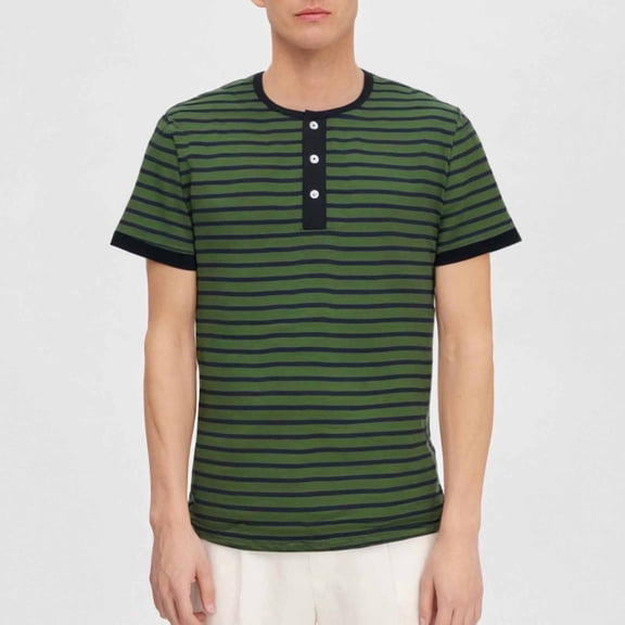 PNTUTB Summer Men's Striped Casual Half Buttoned Round Neck Pullover Short Sleeve Comfortable Tops