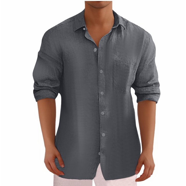 AherBiu Plus Size Mens Linen Shirts Long Sleeve Button down Lightweight Shirts Fall Solid Casual Beach Shirts