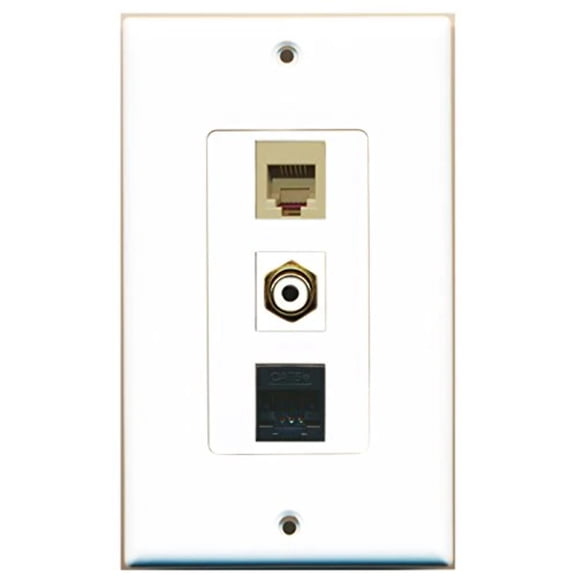 RiteAV - 1 Port RCA White and 1 Port Phone RJ11 RJ12 Beige and 1 Port Cat5e Ethernet Black Decorative Wall Plate Decorative