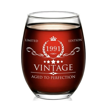 

Popeven 30th Birthday Gifts for Women Men - 1991 Vintage 15 oz Stemless Wine Glass - 30