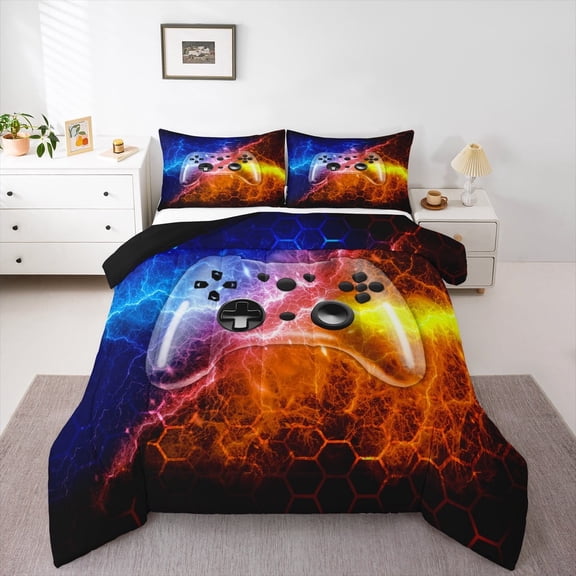 Erosebridal Neon Gamepad Bedding Twin Comforter Set, Modern Honeycomb Comforter Sets Twin Size, Video Game Reversible Down Comforter, Super Cozy Room Decoration, 2-Piece
