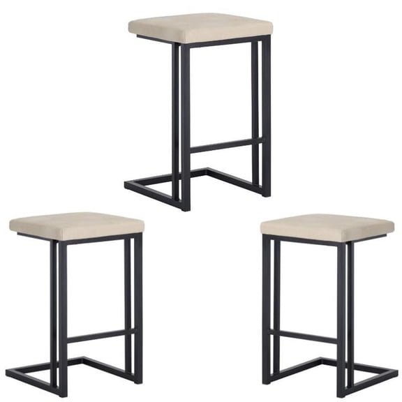 Home Square 3 Piece Faux Leather and Steel Counter Stool Set in Cream/Black