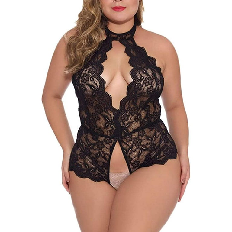 Women Snap Crotch Lingerie Lace Babydoll Pajamas Two Piece