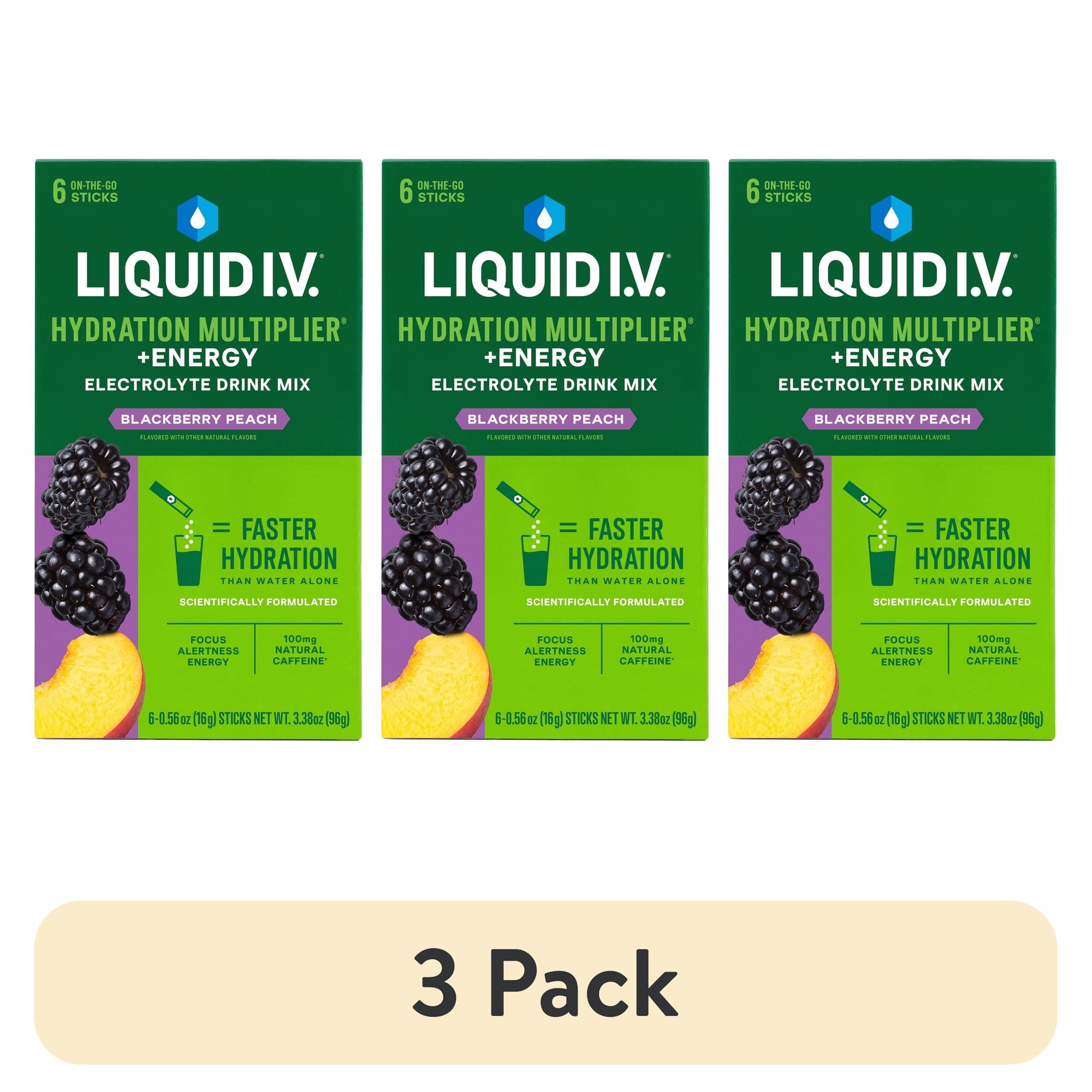 (3 pack) Liquid I.V.® Blackberry Peach Hydration Multiplier® +Energy Powdered Electrolyte Drink Mix, 6 Count Packets