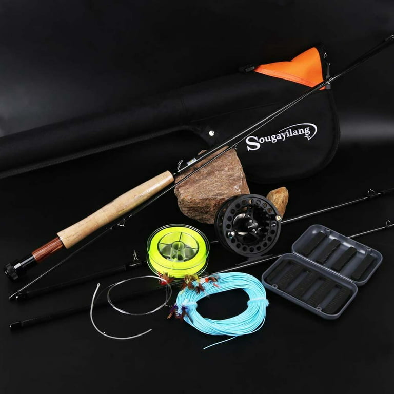 Sougayilang Saltwater Freshwater Fly Fishing Rod with Fly Reel Combo - Novice Fishing Full Kit, Size: B:Black Kits with Bag