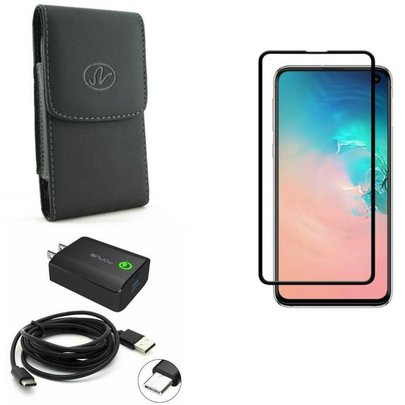 Galaxy S10e Screen Protector w Home Charger w Case Belt Clip - Tempered Glass 5D Curved Edge, 18W Fast 6ft USB Cable Type-C, Leather Holster Cover for Samsung Galaxy S10e Phone