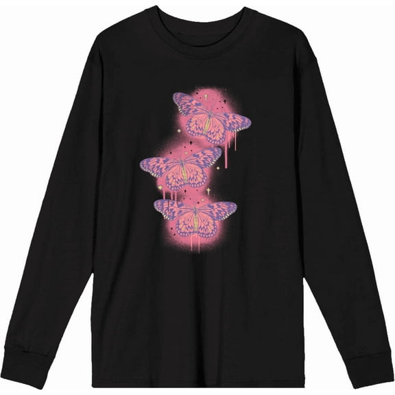 Spray Paint Butterfly Adult Black Crew Neck Long Sleeve Tee-3XL
