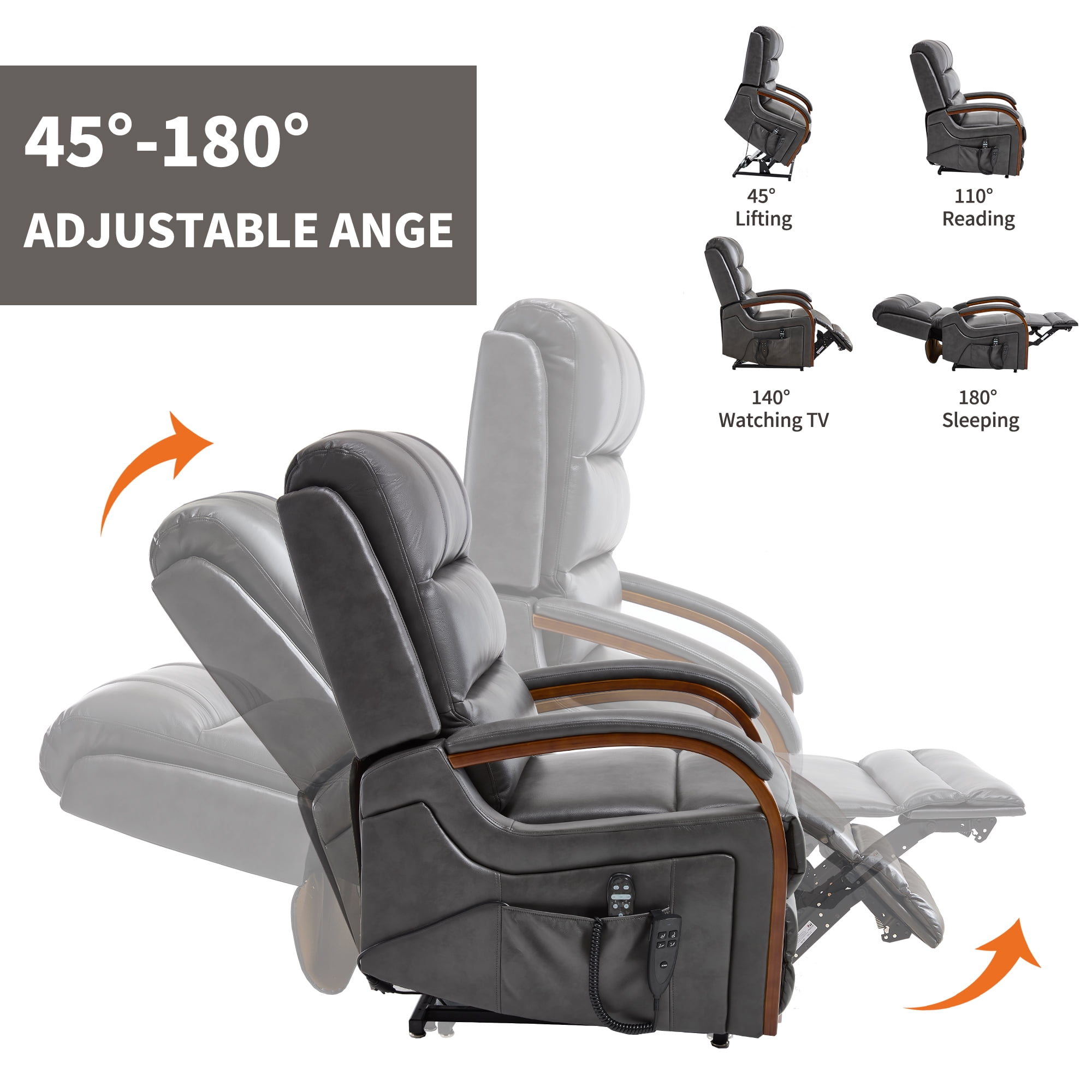 Gewnee Power Lift Recliner Chair with Heat and Massage,Lay Flat Assist Recliner with Side Pocket & Solid Wood Armrest,Lift Chair for Living Room.Grey PU