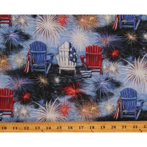 Cotton Fireworks 4th of July Independence Day Patriotic Chair Scene Multicolor Cotton Fabric Print by the Yard (72545-A620715)