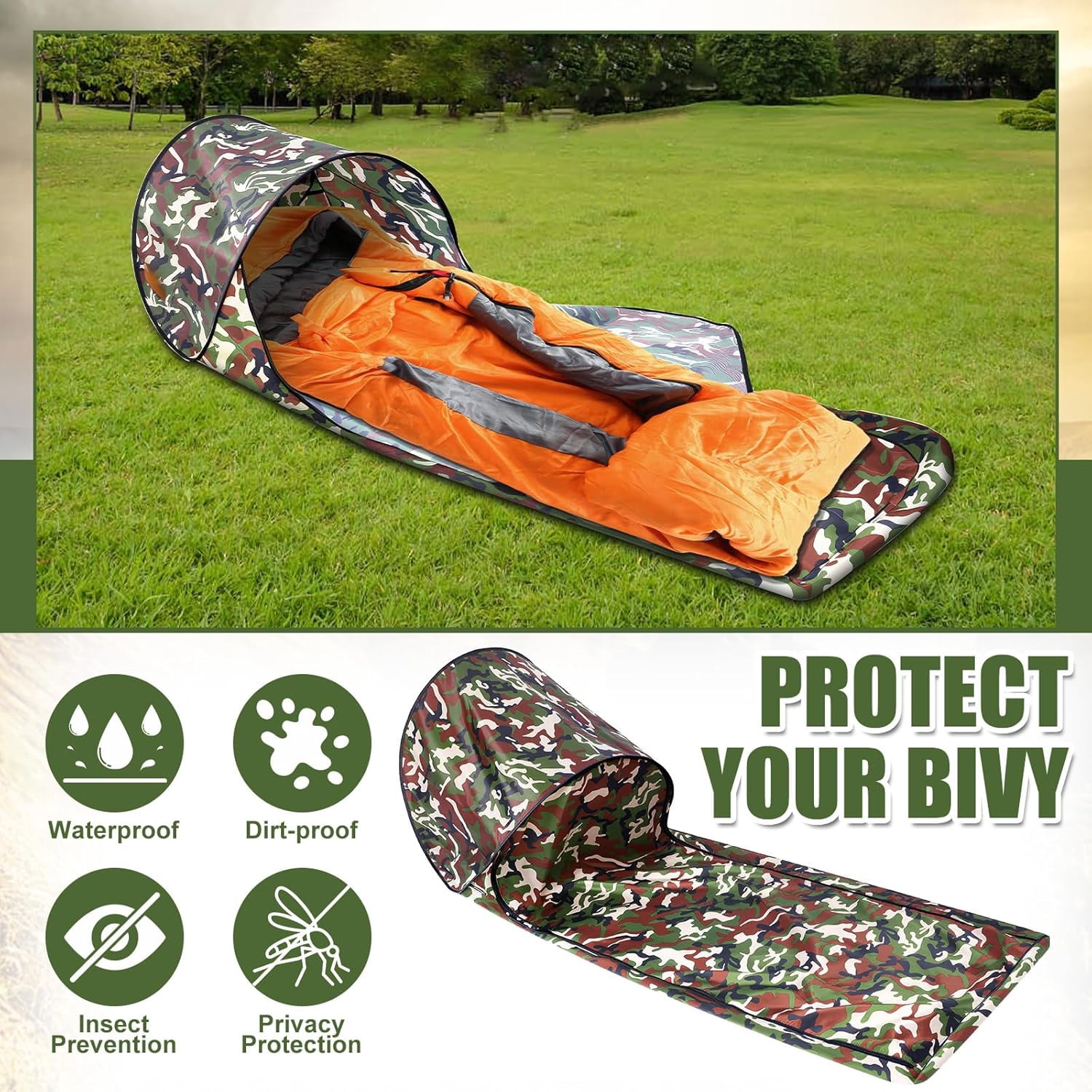 Breling Bivy Sack Waterproof Single Person Pop up Bivy Bag Cover Tent Sleeping Cover with Head Lightweight Warm Tent Windproof Anti Mosquito for Camping Hiking Backpacking Hunting Outdoor Survival